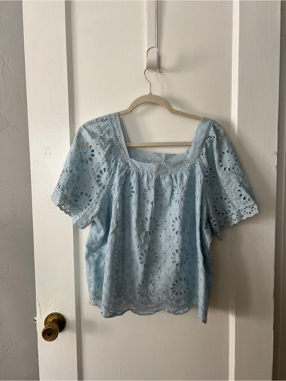Cotton Light Blue Eyelet Square-Neck Blouse